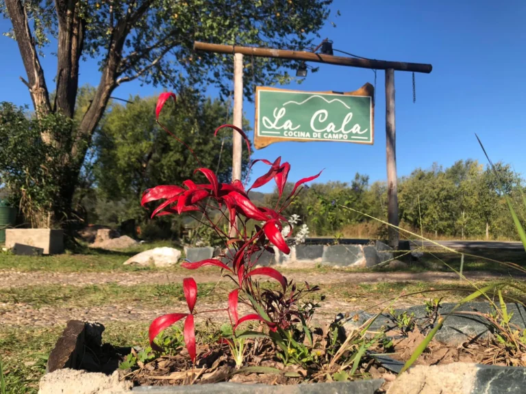 Cartel rústico de la Entrada del mejor restaurante para comer en los reartes y Villa General Belgrano, rodeado de vegetación, con una planta de hojas rojas en primer plano y un entorno natural con árboles y cielo despejado en el fondo.